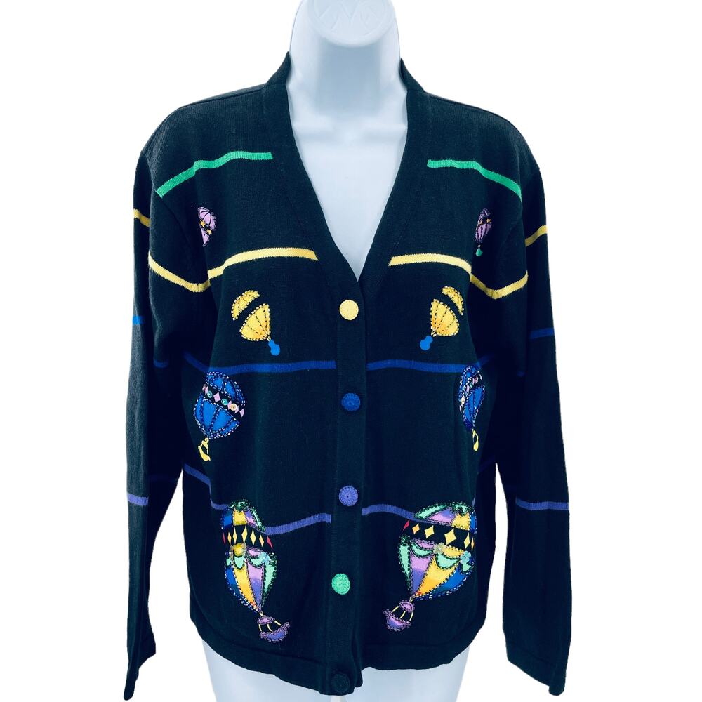 Vintage Terazzo Black Embroidered Colorful Sequin Hot Air Balloons Cardigan M - Picture 2 of 13